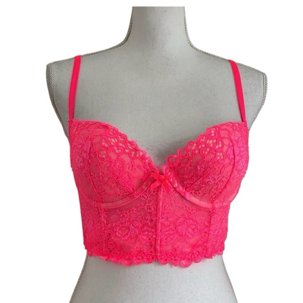 Victoria's Secret Bright Pink Lace Longline Bra 36 D - EUC
